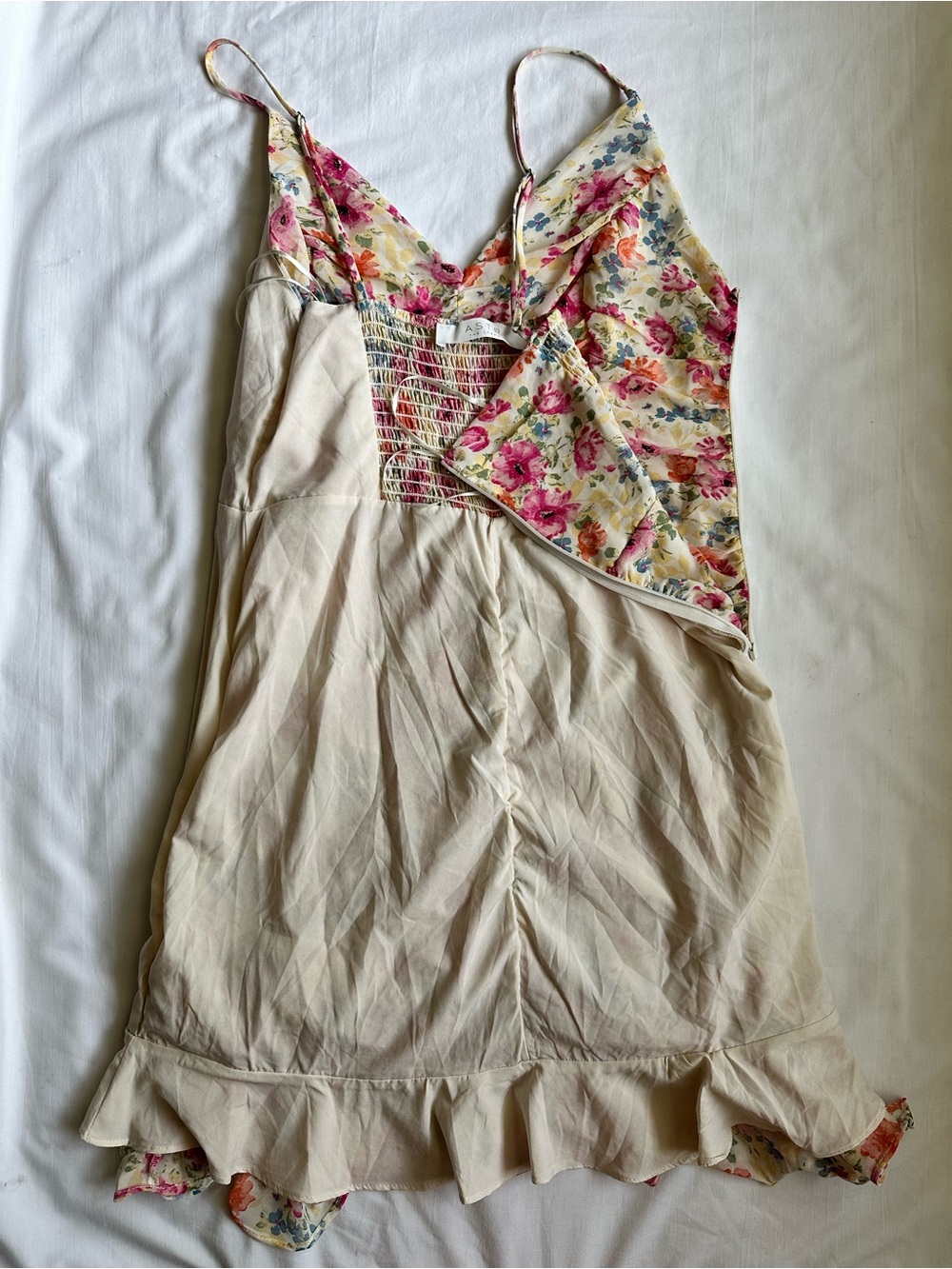 ASTR The Label Floral Ruched Flounce Mini Slip Dress -Cream Pink Blue Multicolor - Picture 12 of 14